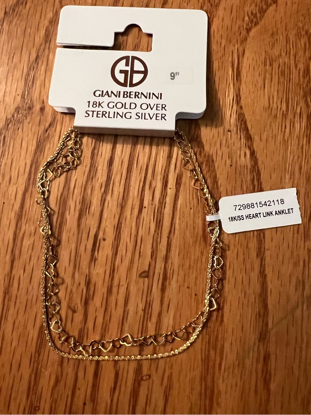 Giani Bernini Gold Heart Link Layered Anklet, NWT, Size 9”